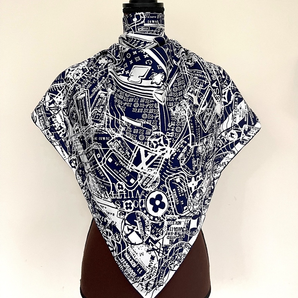 New Louis Vuitton Scarf Luggage Travel Stamps Blue Silk Scarf Wrap - Picture 2 of 14